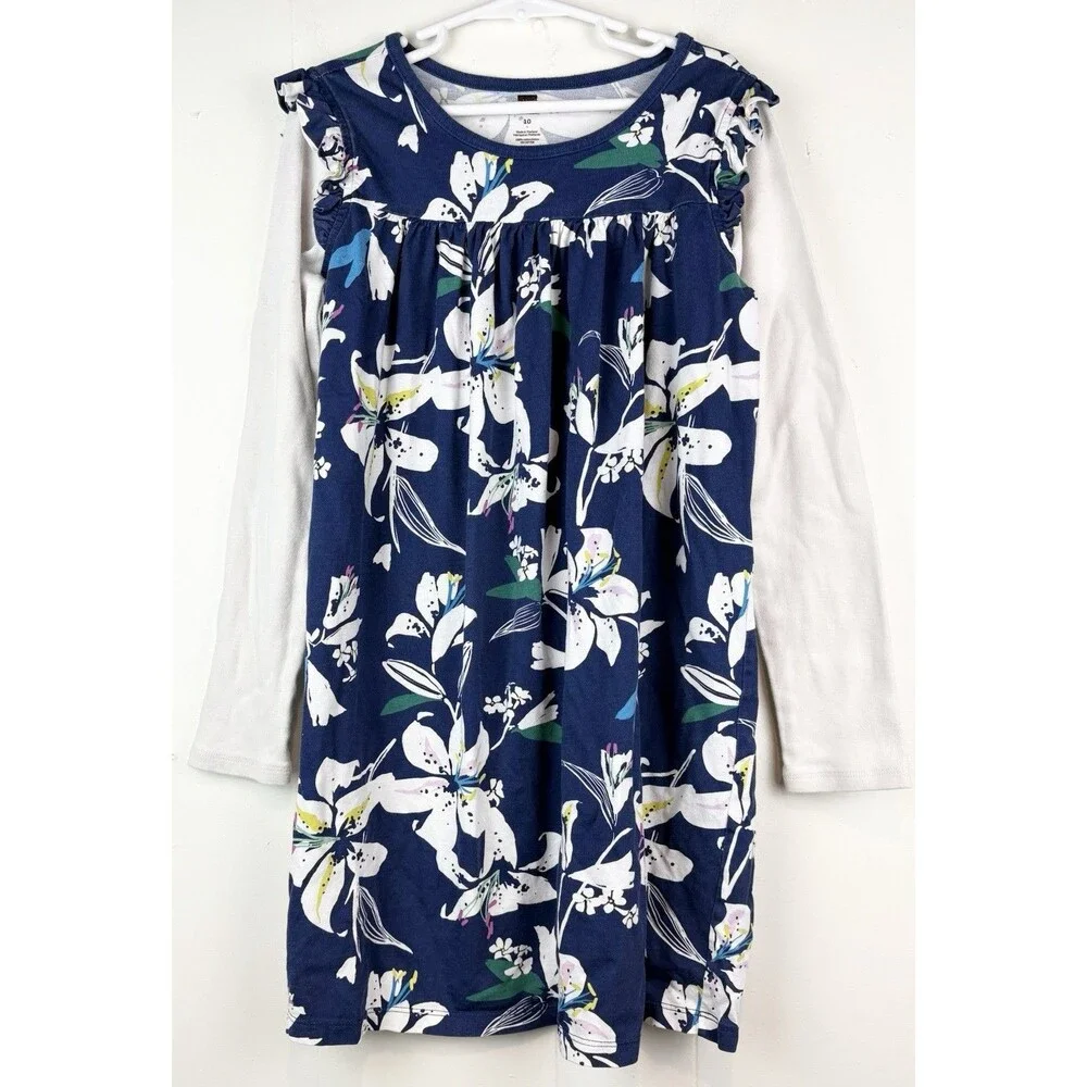 Tea Collection Dress 10 Long Sleeve Floral Navy Blue Fall Winter